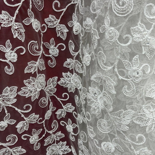 Beaded & Corded Bridal Lace Fabric Embroidered on 100% Polyester Net Mesh | Lace USA - 95042W-BP