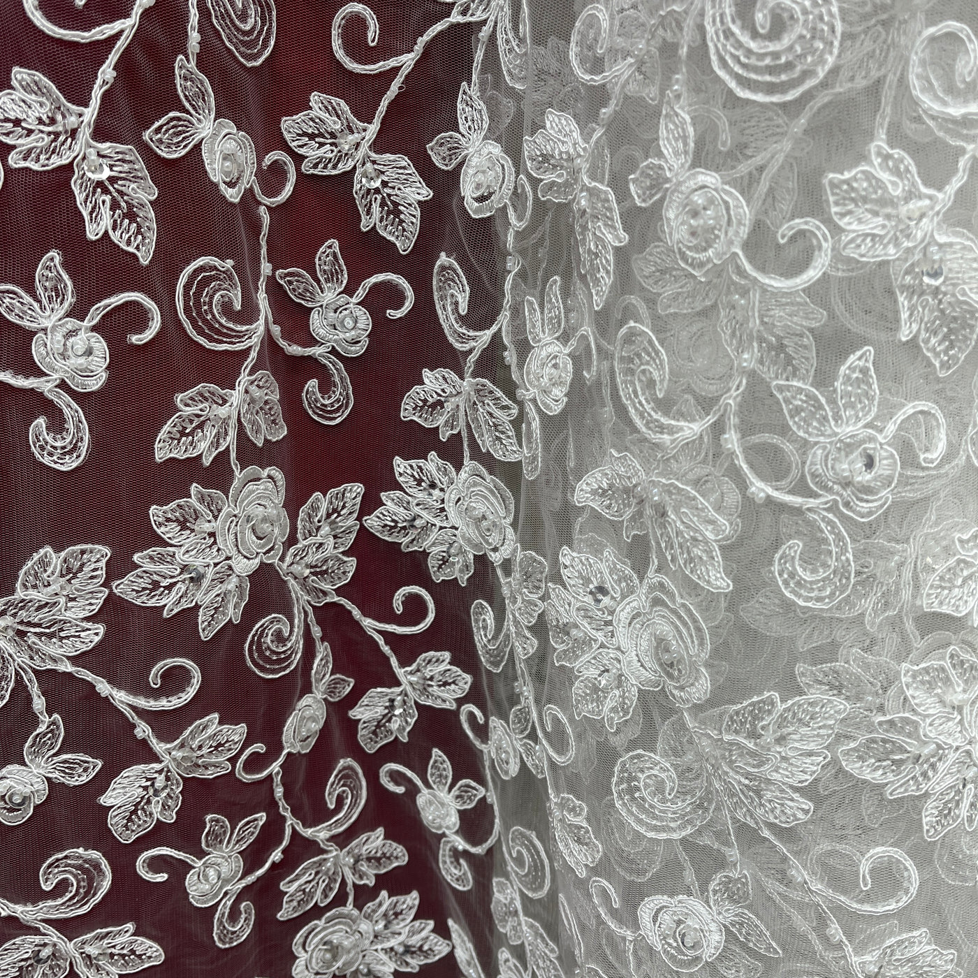 Beaded & Corded Bridal Lace Fabric Embroidered on 100% Polyester Net Mesh | Lace USA - 95042W-BP