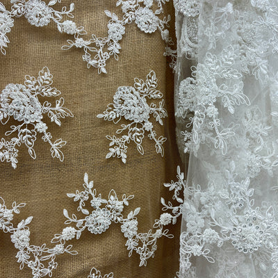 Beaded & Corded Bridal Lace Fabric Embroidered on 100% Polyester Net Mesh | Lace USA - 96788W-HB