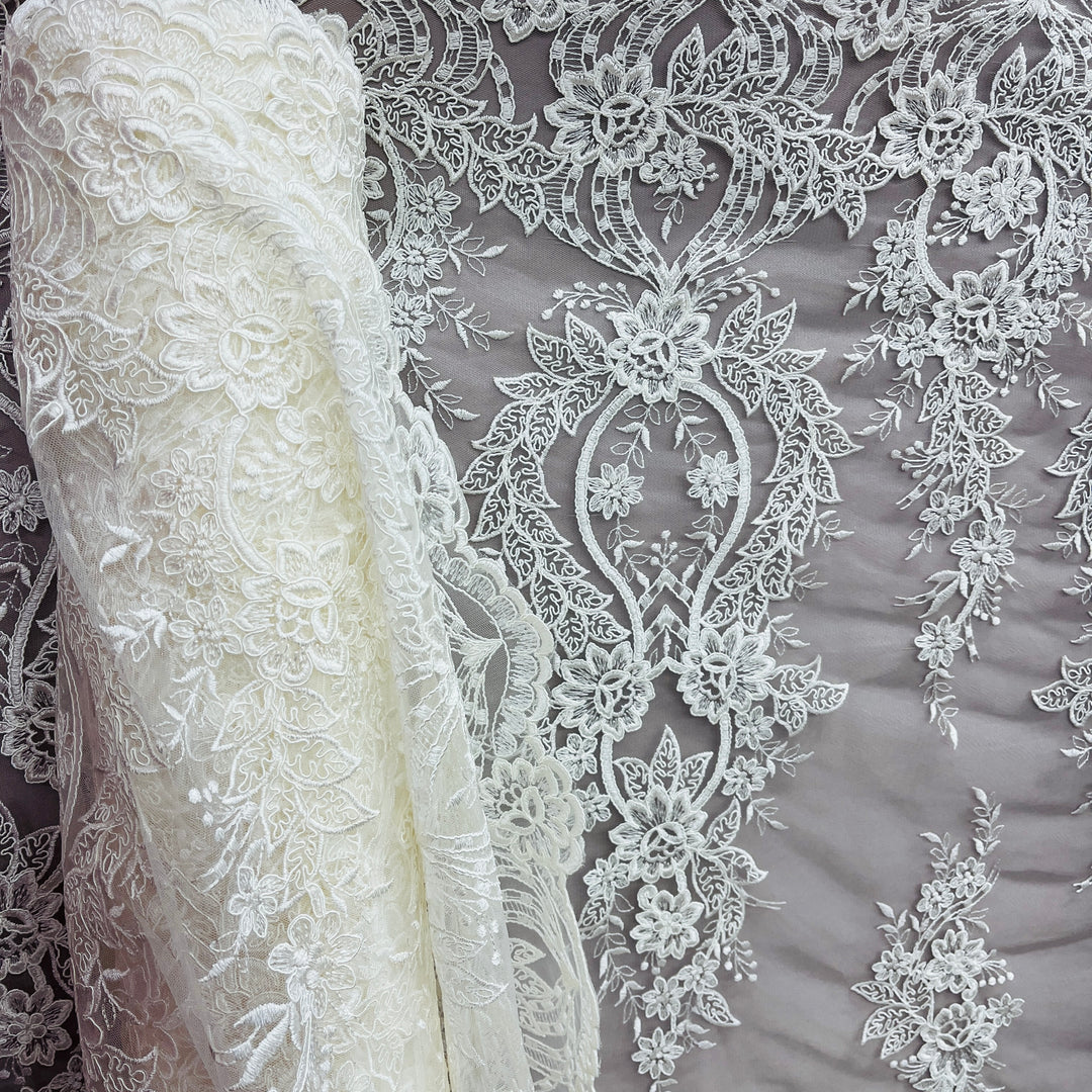 Corded Bridal Lace Fabric Embroidered on 100% Polyester Net Mesh | Lace USA - 97163W