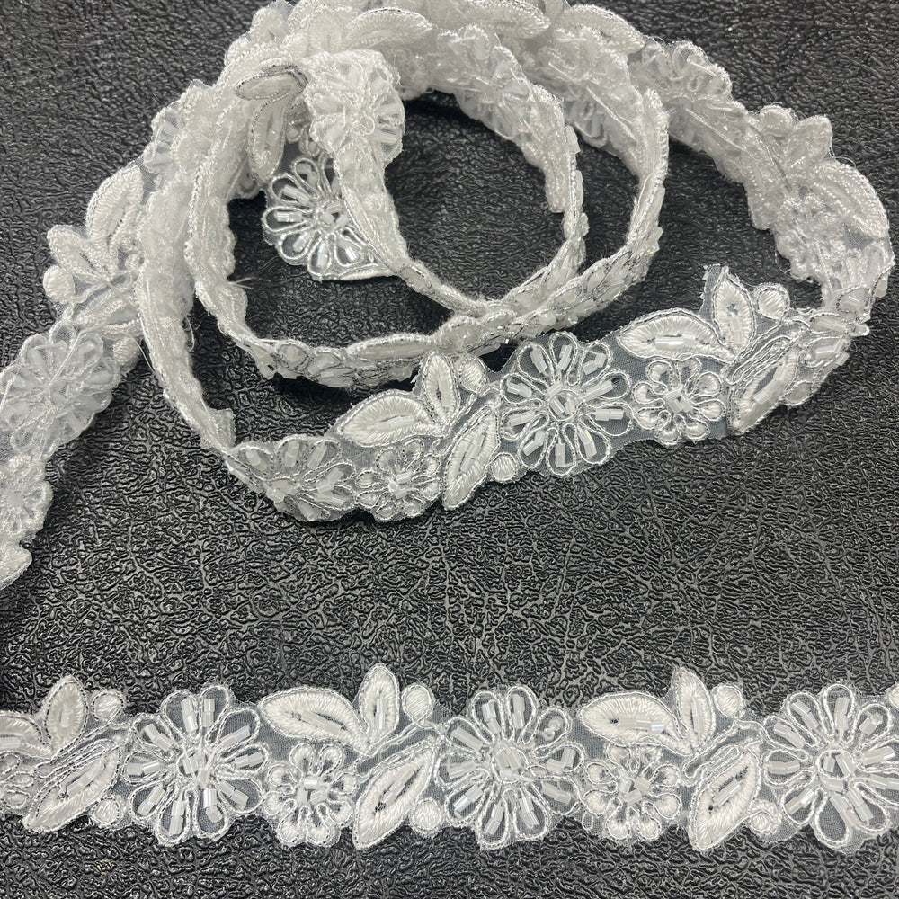 Beaded & Corded Lace Trimming Embroidered on 100% Polyester Organza | Lace USA - 95676N-BP