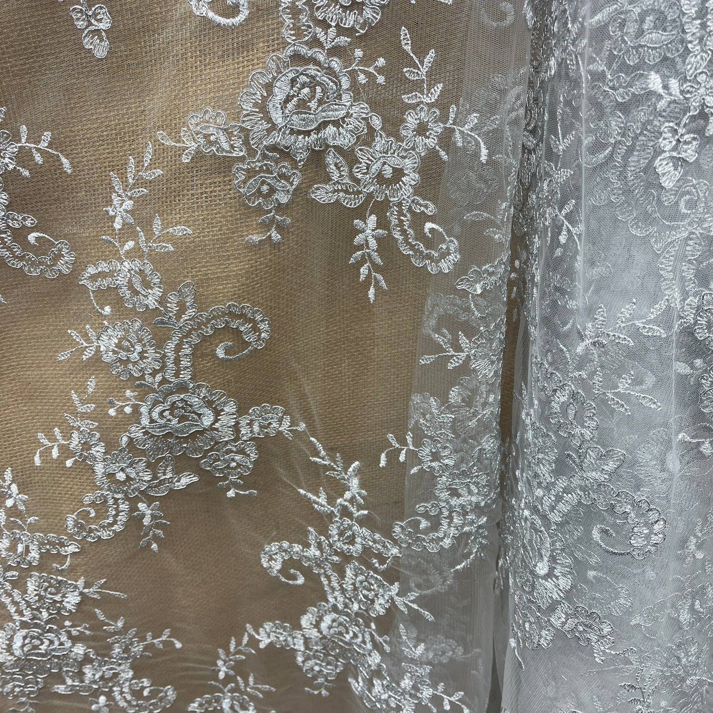 Corded Bridal Lace Fabric Embroidered on 100% Polyester Net Mesh | Lace USA -96806W