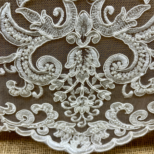 Beaded & Corded Bridal Lace Fabric Embroidered on 100% Polyester Net Mesh | Lace USA - GD-55319