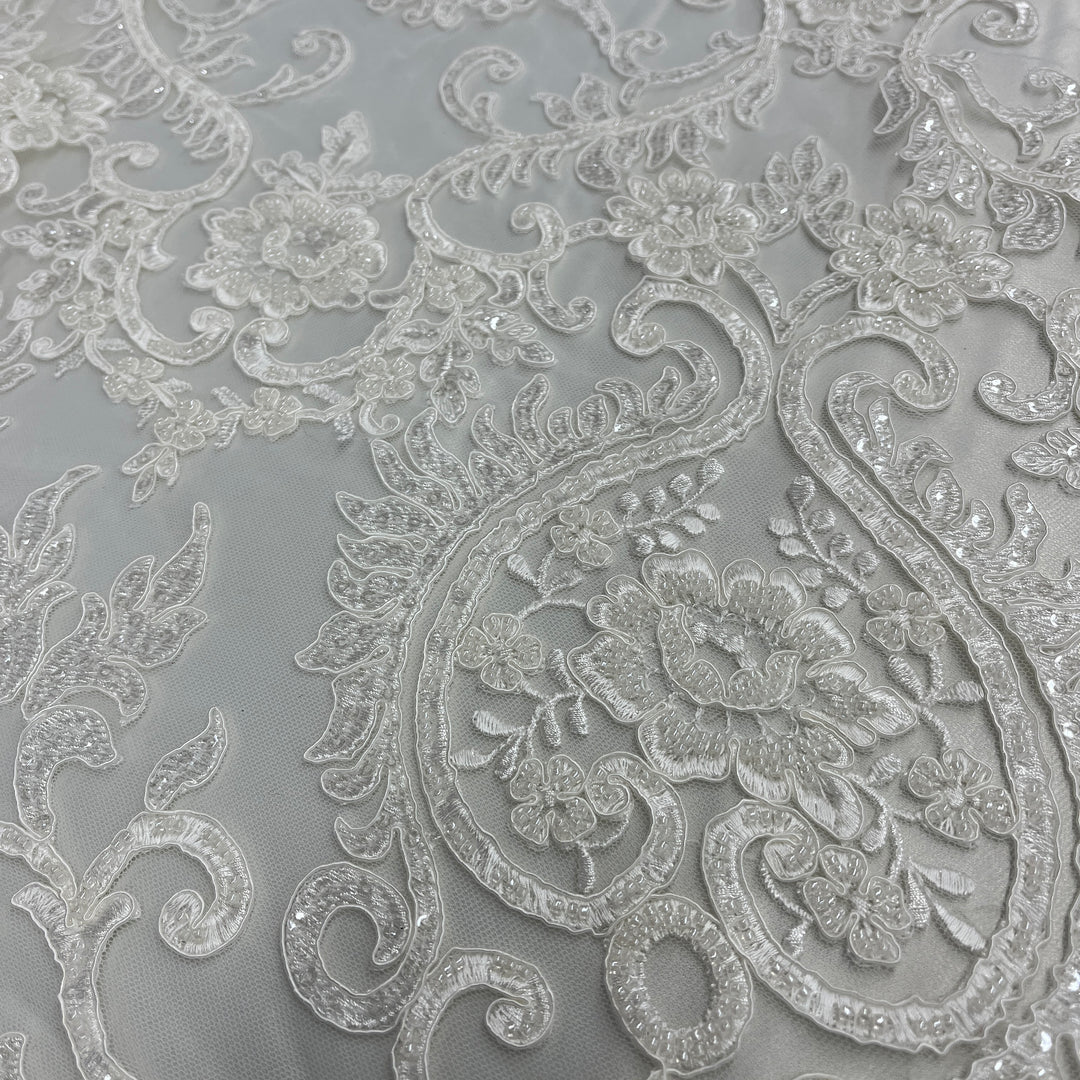 Beaded & Corded Bridal Lace Fabric Embroidered on 100% Polyester Net Mesh | Lace USA - GD-55719