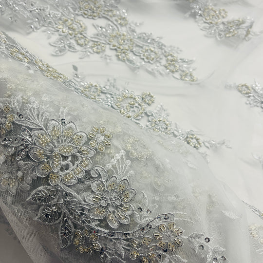 Beaded & Corded Bridal Lace Fabric Embroidered on 100% Polyester Net Mesh | Lace USA - GD-55619