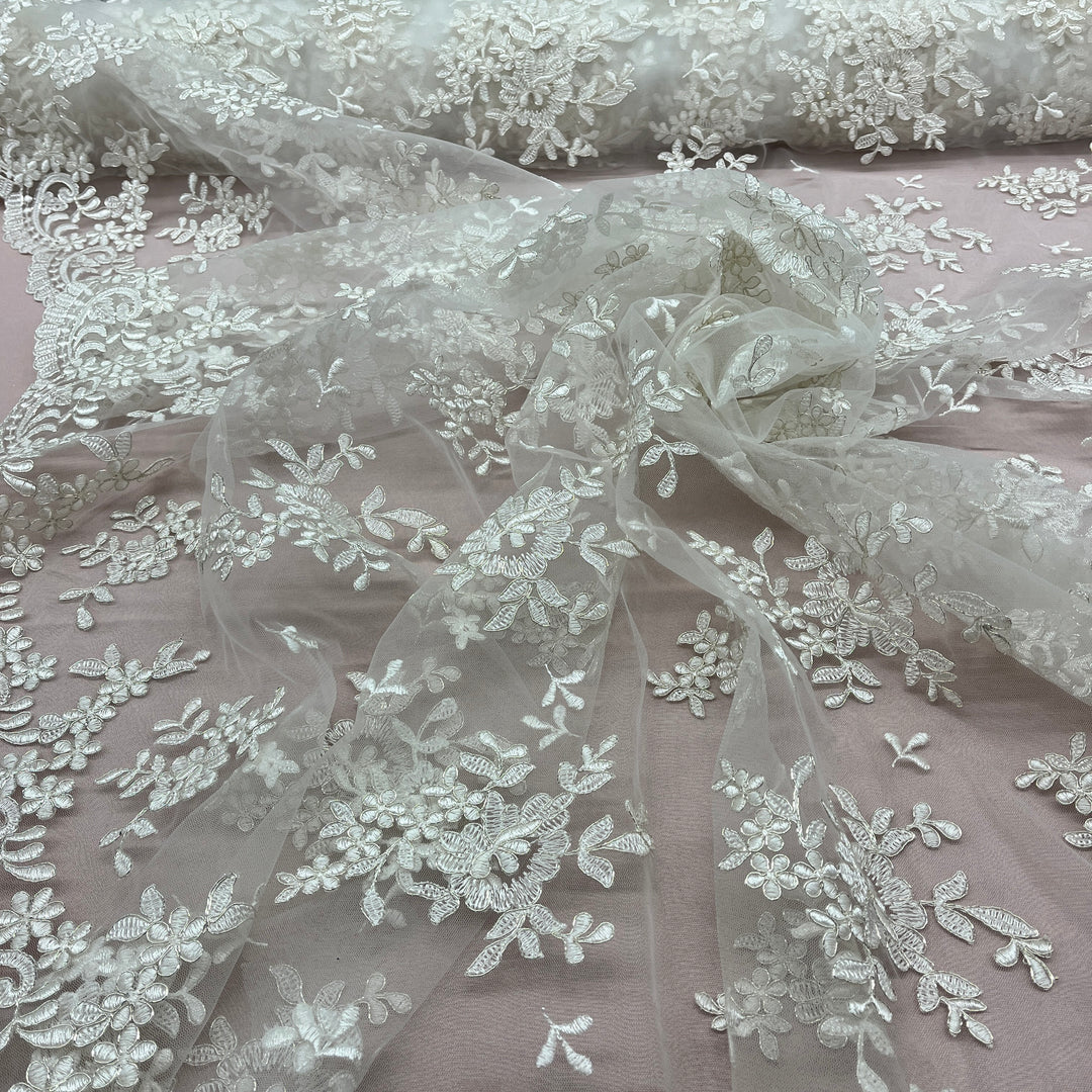 Corded Bridal Lace Fabric Embroidered on 100% Polyester Net Mesh | Lace USA - 91436W