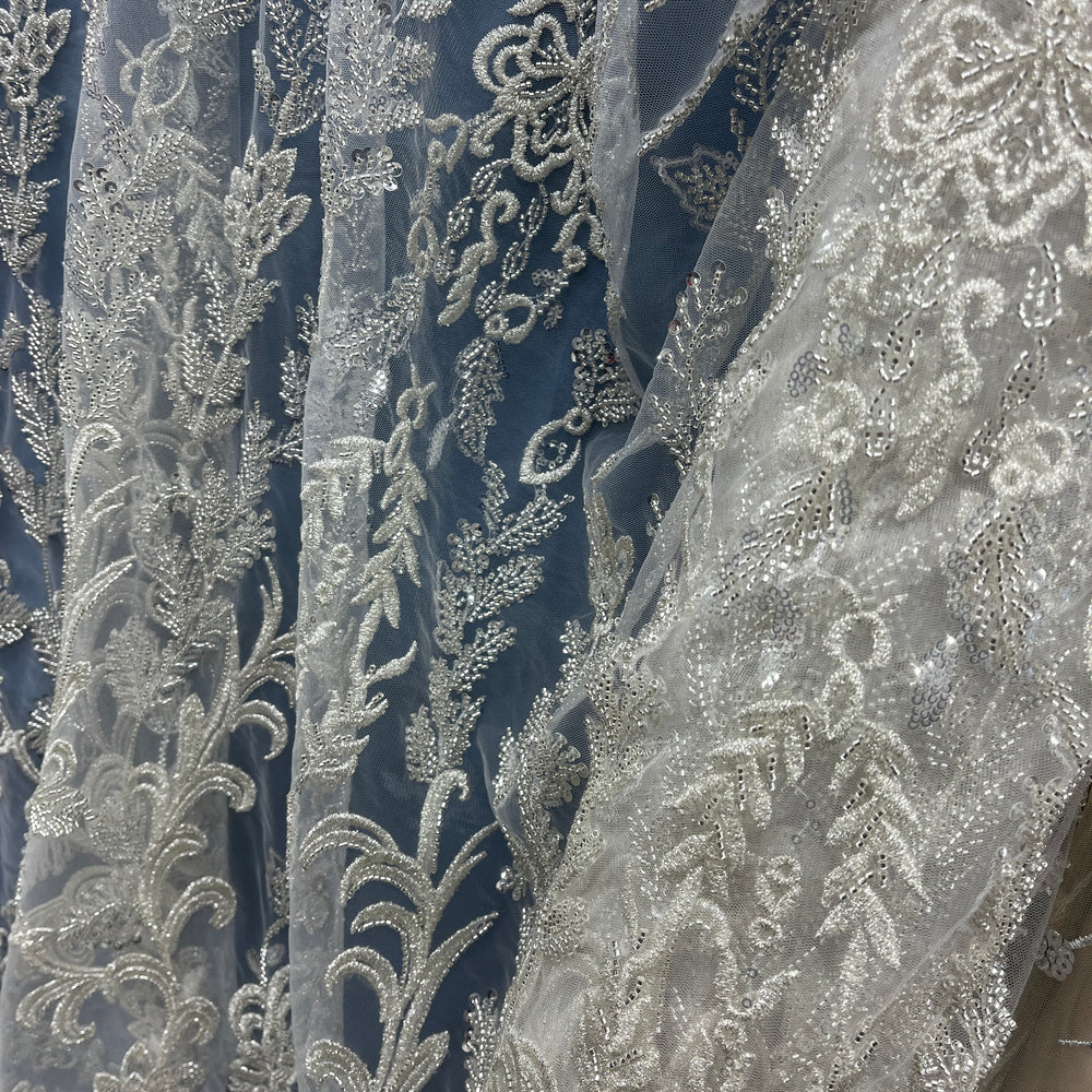 Beaded Lace Fabric Embroidered on 100% Polyester Net Mesh | Lace USA - GD-237303