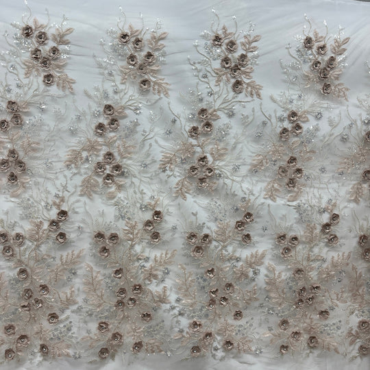 Beaded 3D Floral Lace Fabric Embroidered on 100% Polyester Net Mesh | Lace USA - GD-229