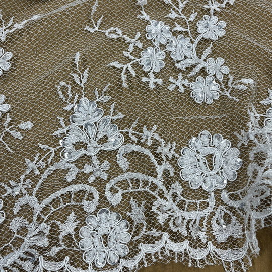 Beaded Lace Fabric Embroidered on 100% Polyester Net Mesh | Lace USA - 96731W-BP White