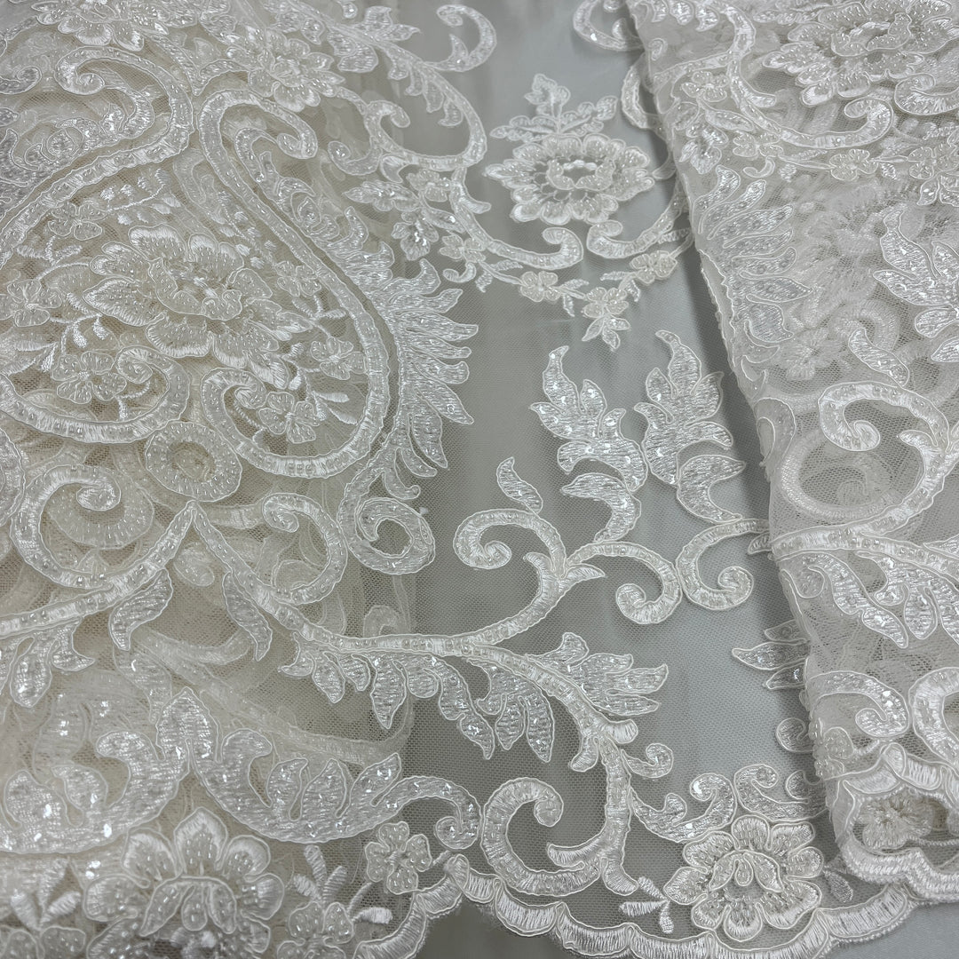 Beaded & Corded Bridal Lace Fabric Embroidered on 100% Polyester Net Mesh | Lace USA - GD-55719