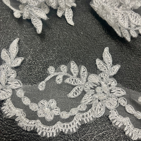 Beaded & Corded Lace Trimming Embroidered on 100% Polyester Net Mesh | Lace USA - 96665W-BP