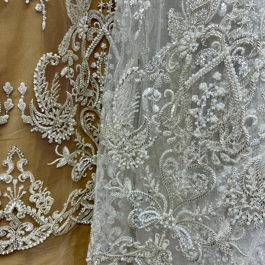 Beaded Lace Fabric Embroidered on 100% Polyester Net Mesh | Lace USA - GD-237189 Antique Silver