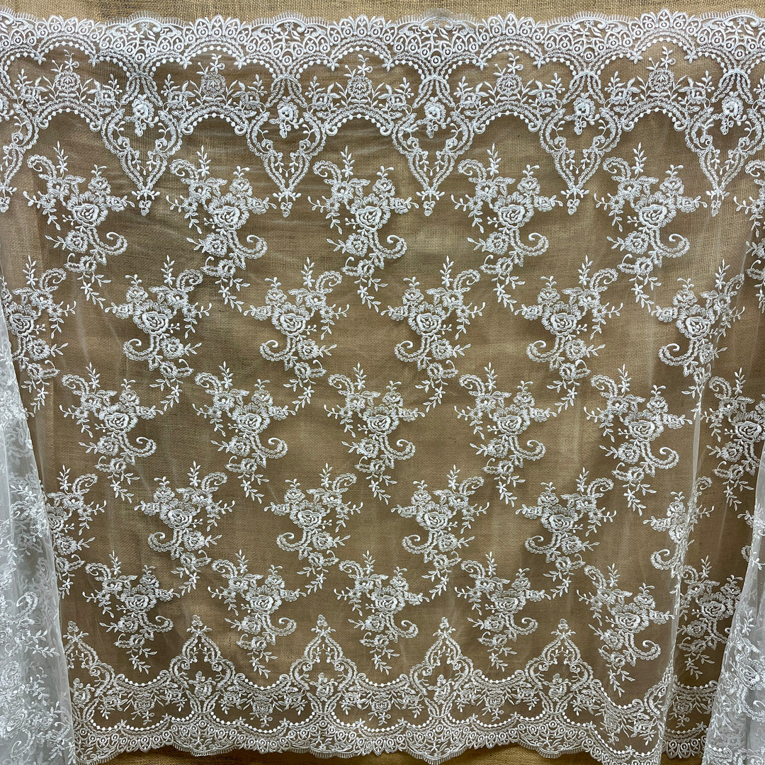 Corded Bridal Lace Fabric Embroidered on 100% Polyester Net Mesh | Lace USA -96806W