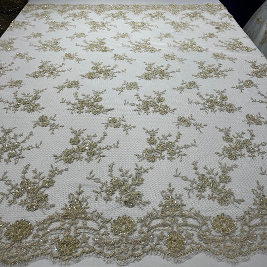 Beaded Lace Fabric Embroidered on 100% Polyester Net Mesh | Lace USA - 96731W-BP Gold