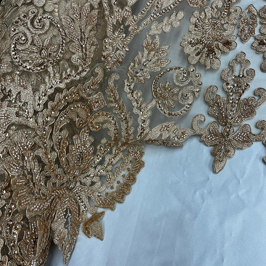 Beaded & Corded Bridal Lace Fabric Embroidered on 100% Polyester Net Mesh | Lace USA