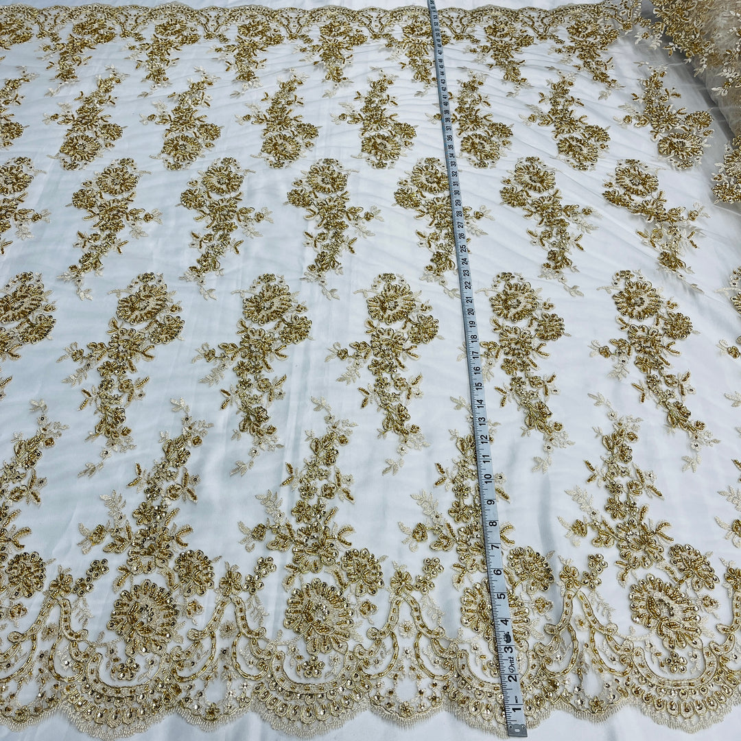 Beaded & Corded Bridal Lace Fabric Embroidered on 100% Polyester Net Mesh | Lace USA