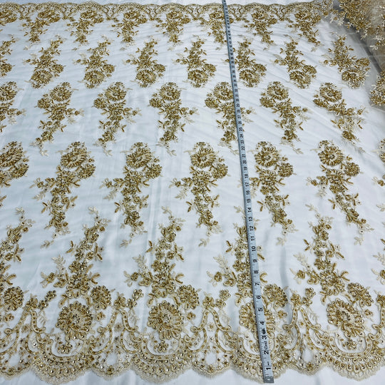 Beaded & Corded Bridal Lace Fabric Embroidered on 100% Polyester Net Mesh | Lace USA