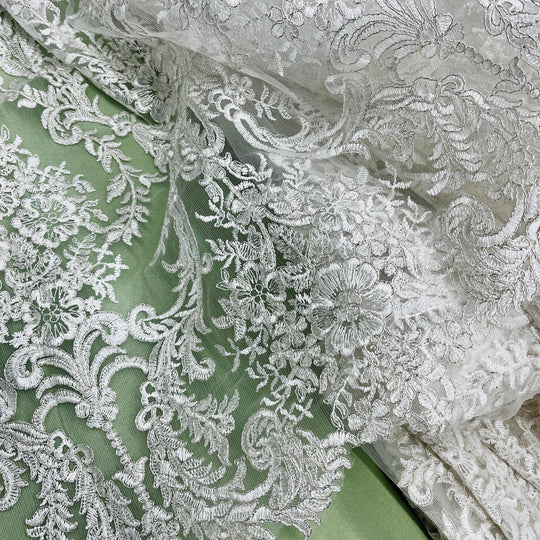 Corded Bridal Lace Fabric Embroidered on 100% Polyester Net Mesh | Lace USA