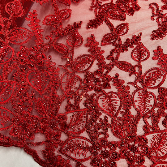 Beaded & Corded Lace Fabric Embroidered on 100% Polyester Net Mesh | Lace USA - GD-1823 Red