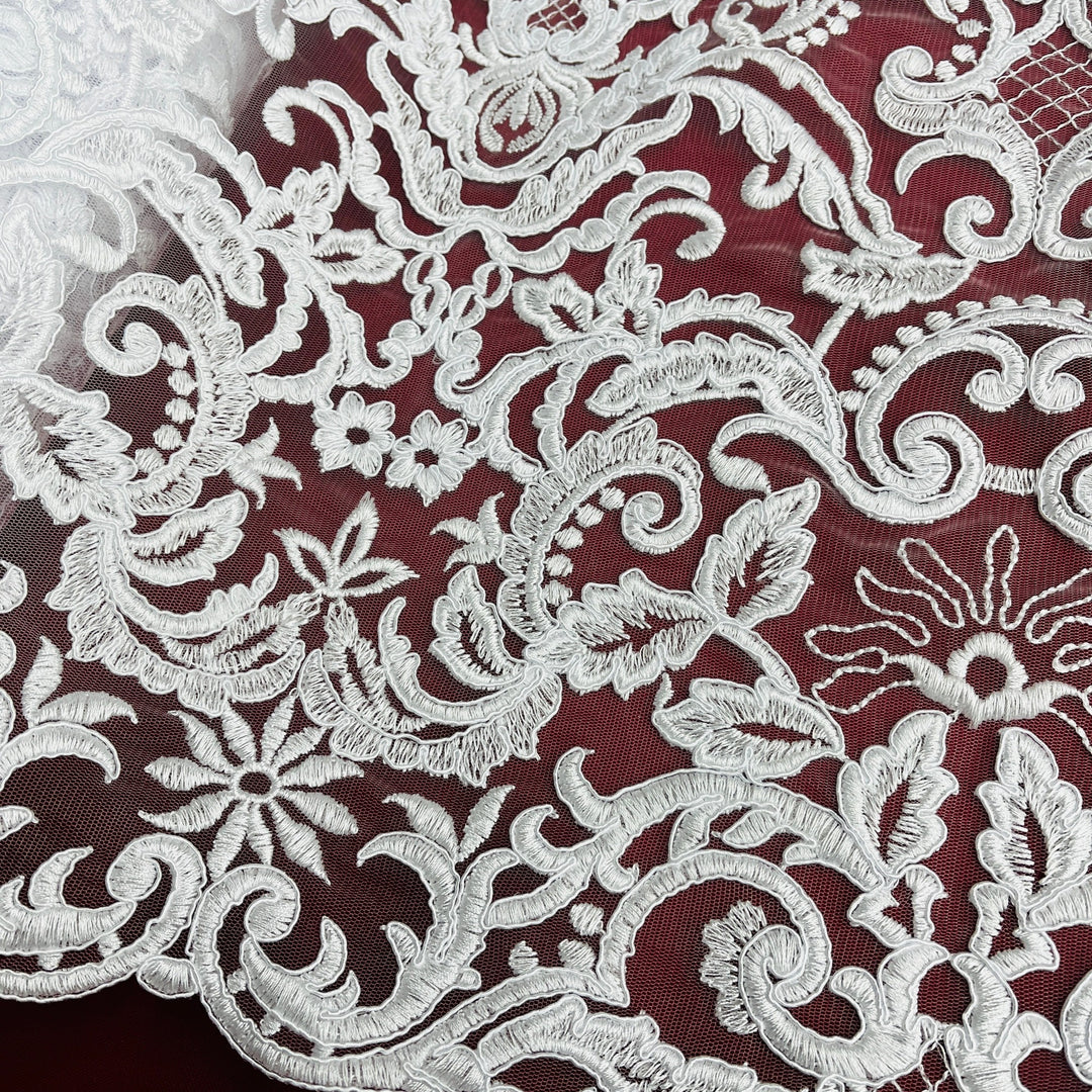 Corded Bridal Lace Fabric Embroidered on 100% Polyester Net Mesh | Lace USA