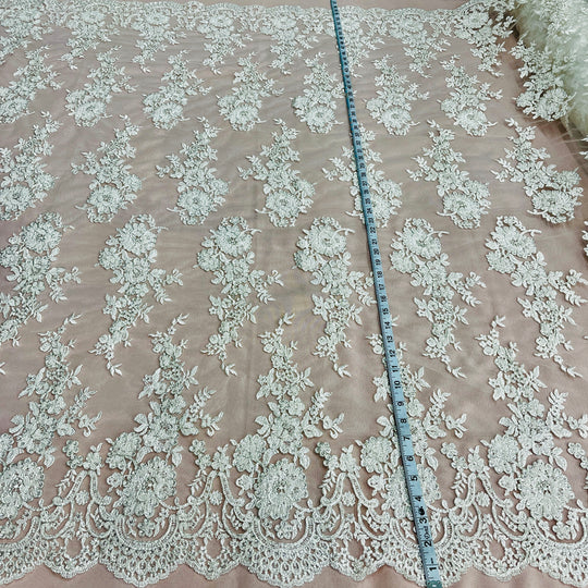 Beaded & Corded Bridal Lace Fabric Embroidered on 100% Polyester Net Mesh | Lace USA