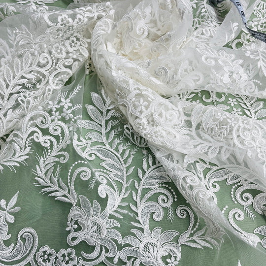 Corded Bridal Lace Fabric Embroidered on 100% Polyester Net Mesh | Lace USA