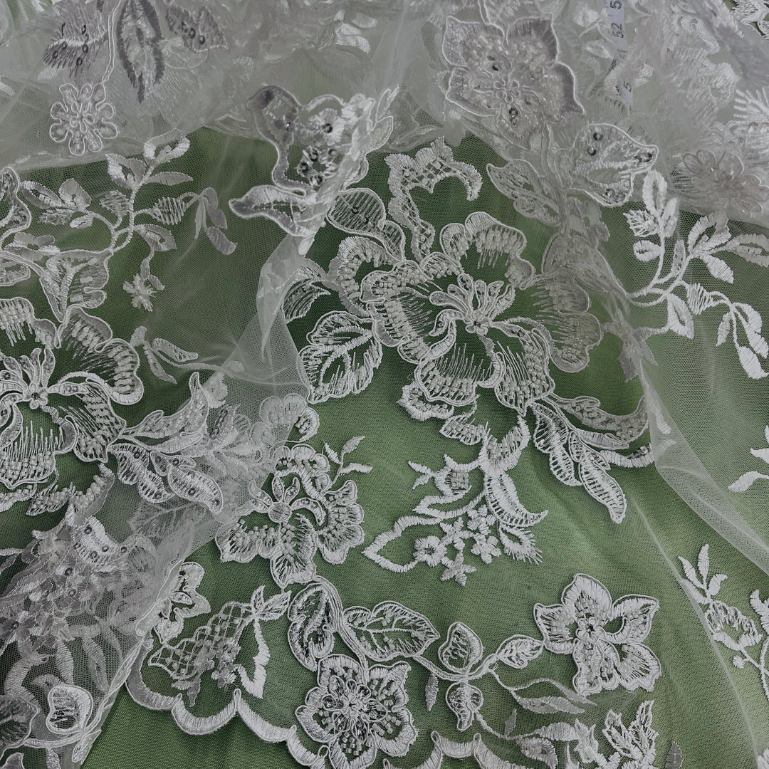 Beaded & Corded Bridal Lace Fabric Embroidered on 100% Polyester Net Mesh | Lace USA