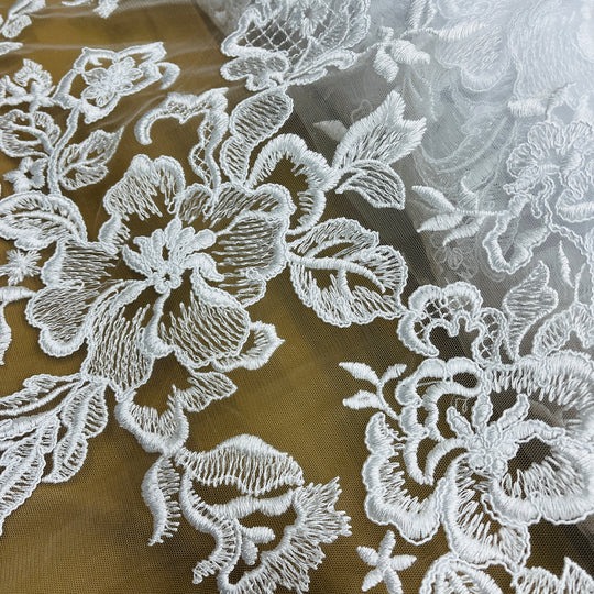 Corded Bridal Lace Fabric Embroidered on 100% Polyester Net Mesh | Lace USA