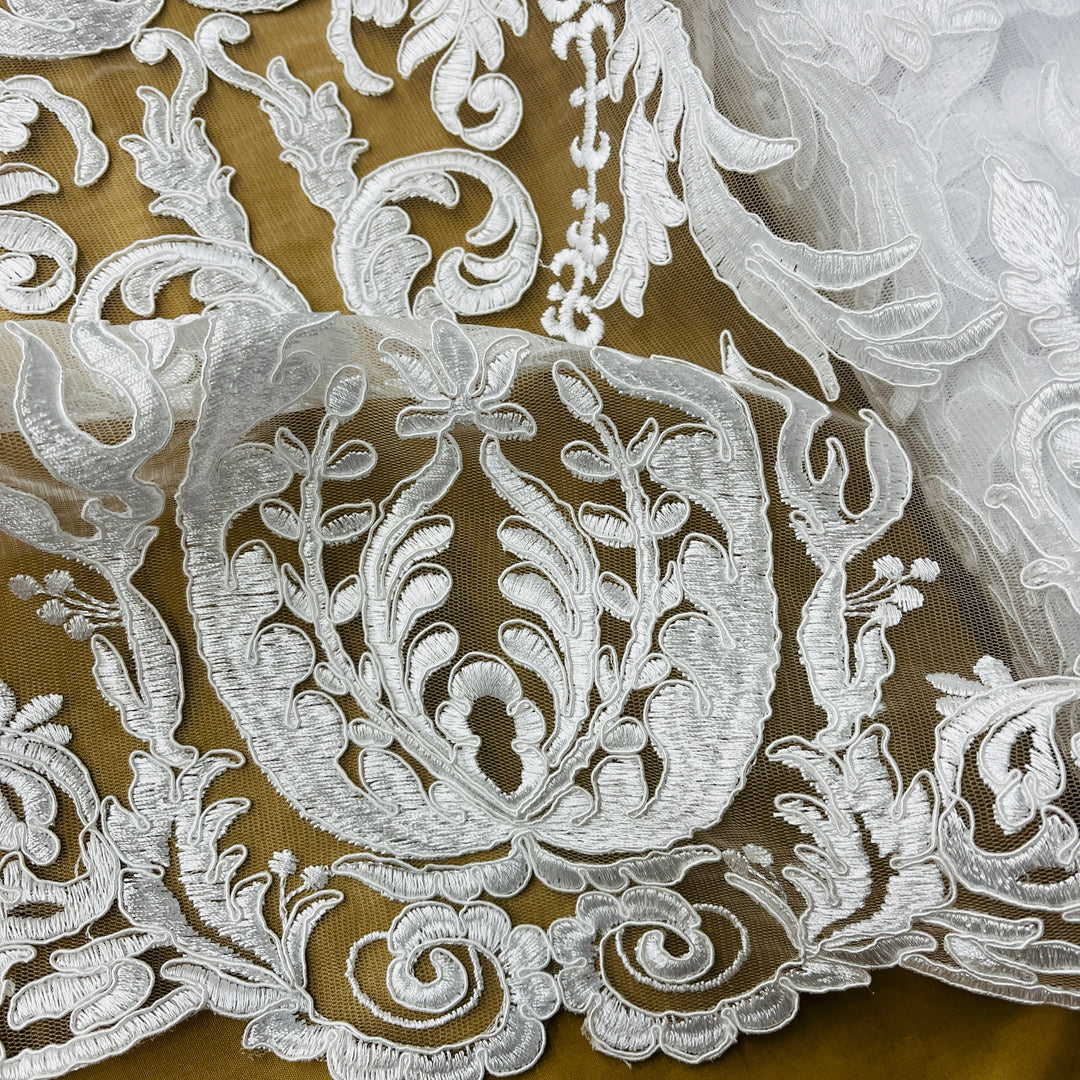 Corded Bridal Lace Fabric Embroidered on 100% Polyester Net Mesh | Lace USA