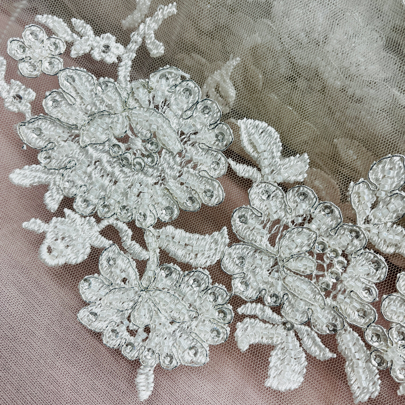 Beaded & Corded Bridal Lace Fabric Embroidered on 100% Polyester Net Mesh | Lace USA