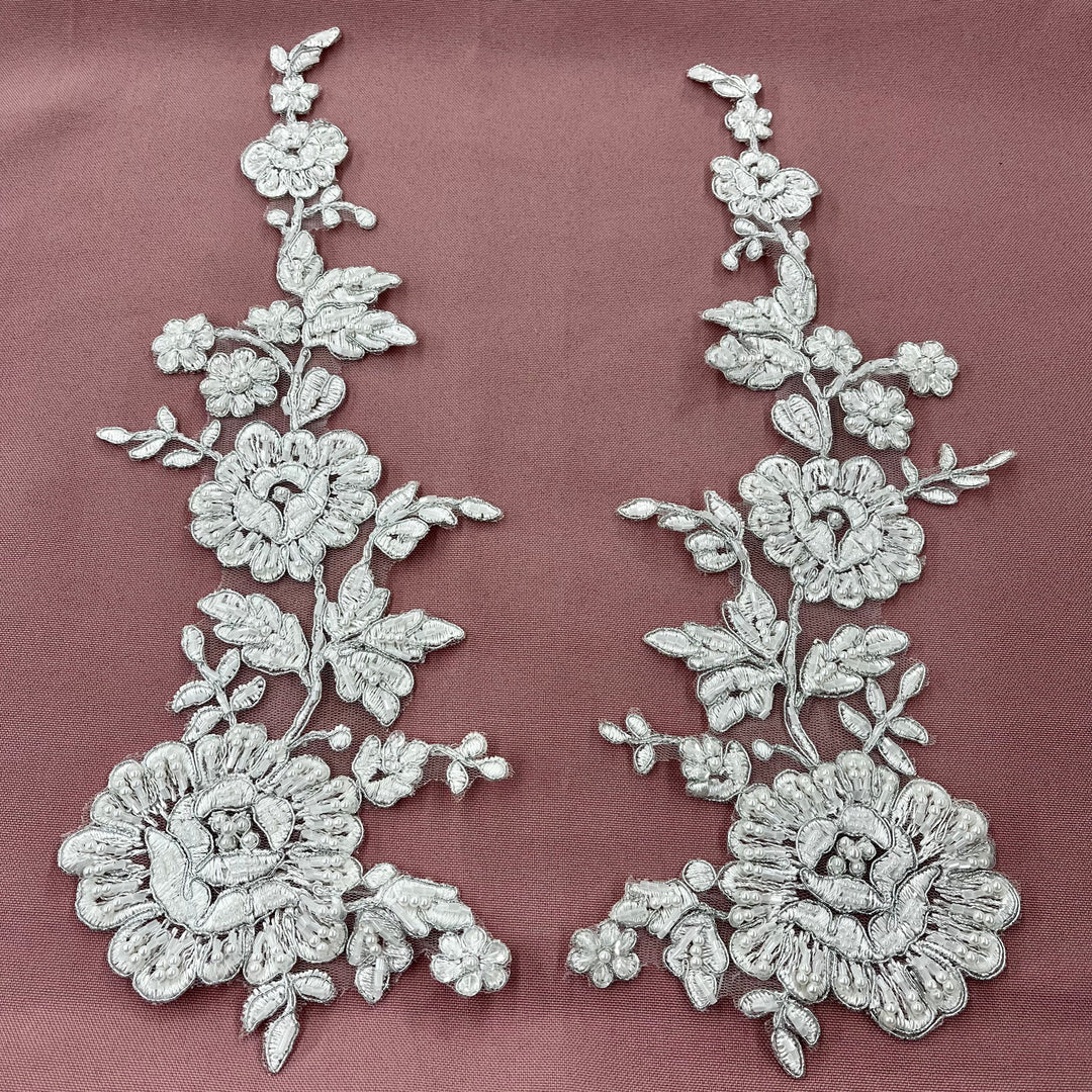 Beaded & Corded Floral Applique Lace Embroidered on 100% Polyester. Lace Usa