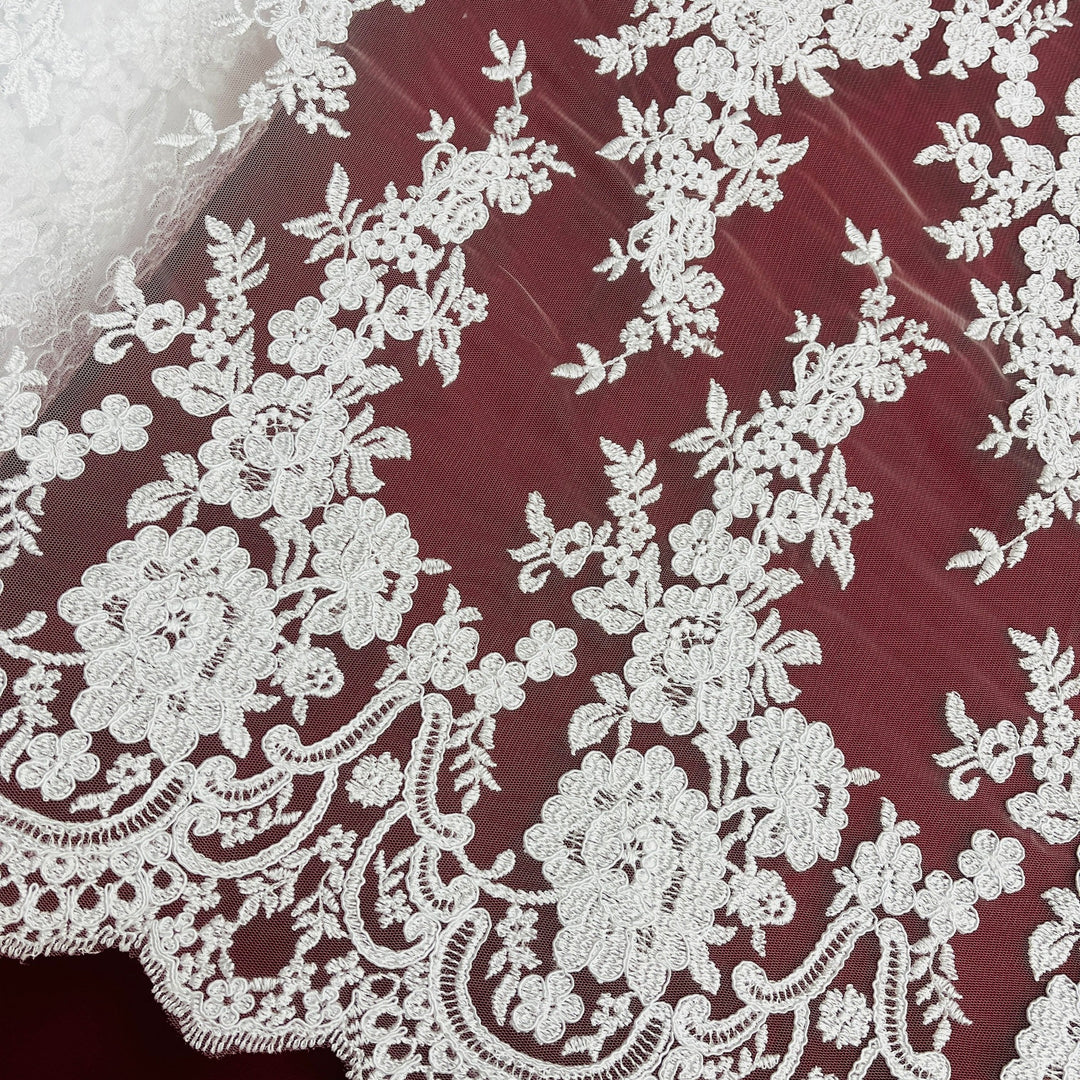 Corded Bridal Lace Fabric Embroidered on 100% Polyester Net Mesh | Lace USA