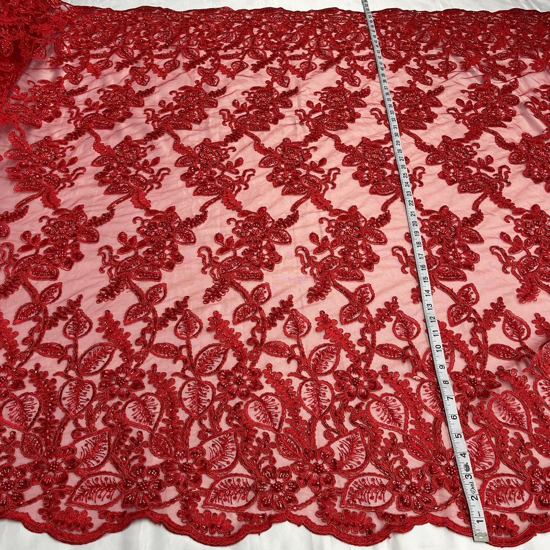 Beaded & Corded Lace Fabric Embroidered on 100% Polyester Net Mesh | Lace USA - GD-1823 Red