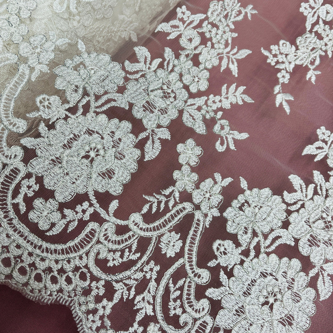 Corded Bridal Lace Fabric Embroidered on 100% Polyester Net Mesh | Lace USA