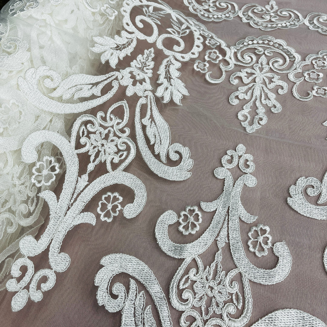 Corded Bridal Lace Fabric Embroidered on 100% Polyester Net Mesh | Lace USA