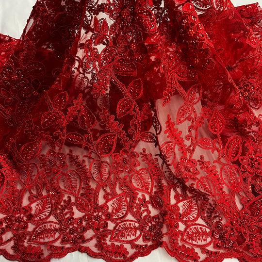 Beaded & Corded Lace Fabric Embroidered on 100% Polyester Net Mesh | Lace USA - GD-1823 Red