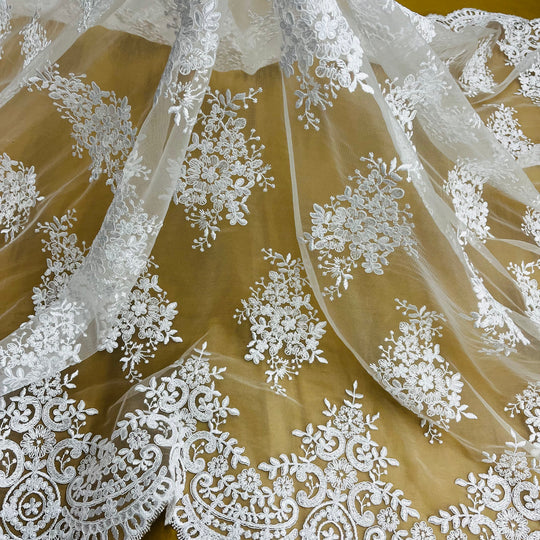 Corded Bridal Lace Fabric Embroidered on 100% Polyester Net Mesh | Lace USA