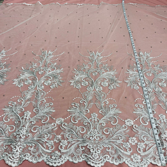 Beaded & Corded Bridal Lace Fabric Embroidered on 100% Polyester Net Mesh | Lace USA