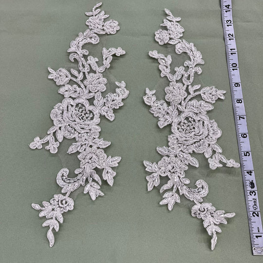 Beaded & Corded Floral Appliqué Lace Embroidered on 100% Polyester Organza or Net Mesh. This can be applied to Theatrical dance ballroom costumes, bridal dresses, bridal headbands endless possibilities. Sold By Pair Lace Usa