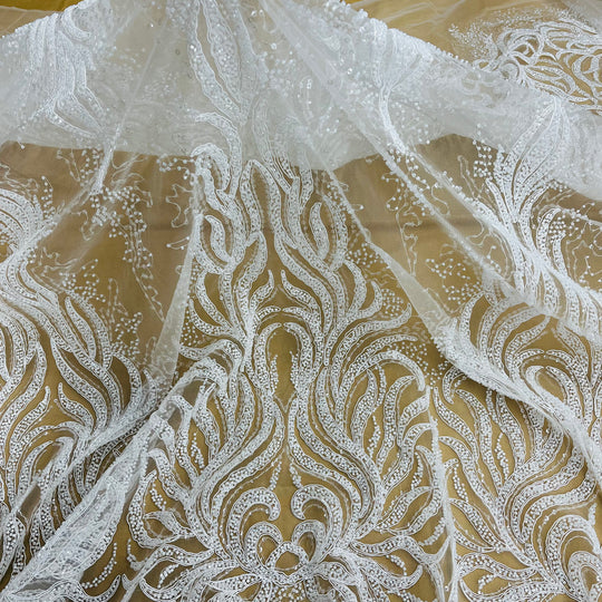 Beaded & Corded Bridal Lace Fabric Embroidered on 100% Polyester Net Mesh | Lace USA