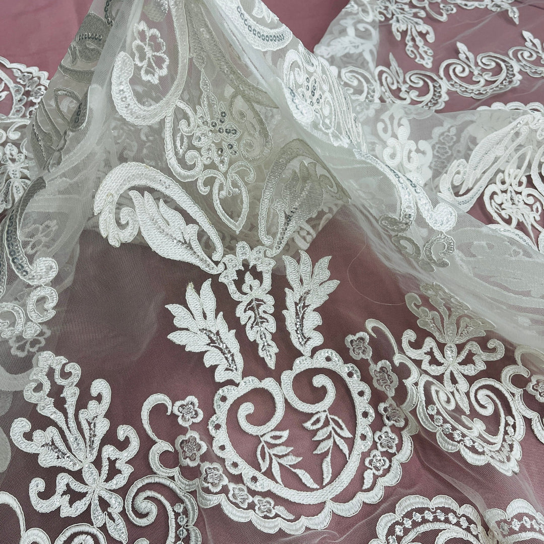 Beaded & Corded Bridal Lace Fabric Embroidered on 100% Polyester Net Mesh | Lace USA - 97068W-SB Ivory