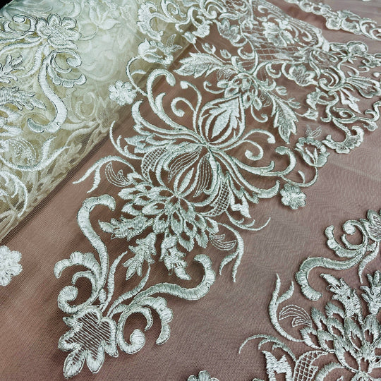 Corded Bridal Lace Fabric Embroidered on 100% Polyester Net Mesh | Lace USA