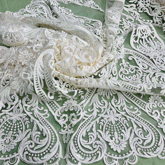 Corded Bridal Lace Fabric Embroidered on 100% Polyester Net Mesh | Lace USA