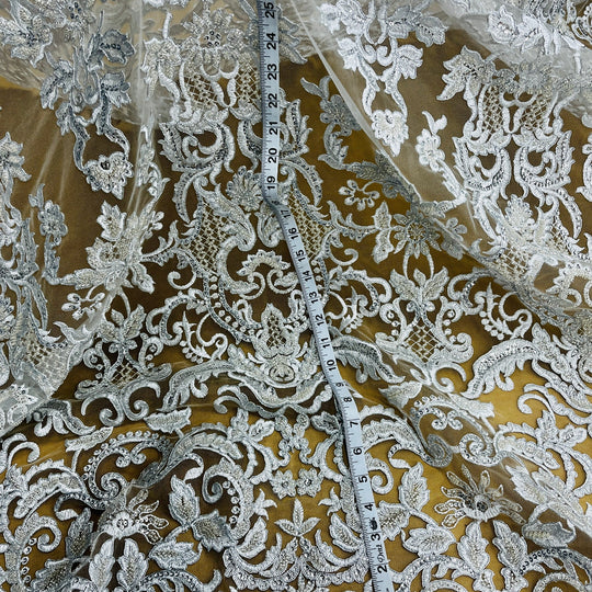 Beaded & Corded Bridal Lace Fabric Embroidered on 100% Polyester Net Mesh | Lace USA - 96997W-HB