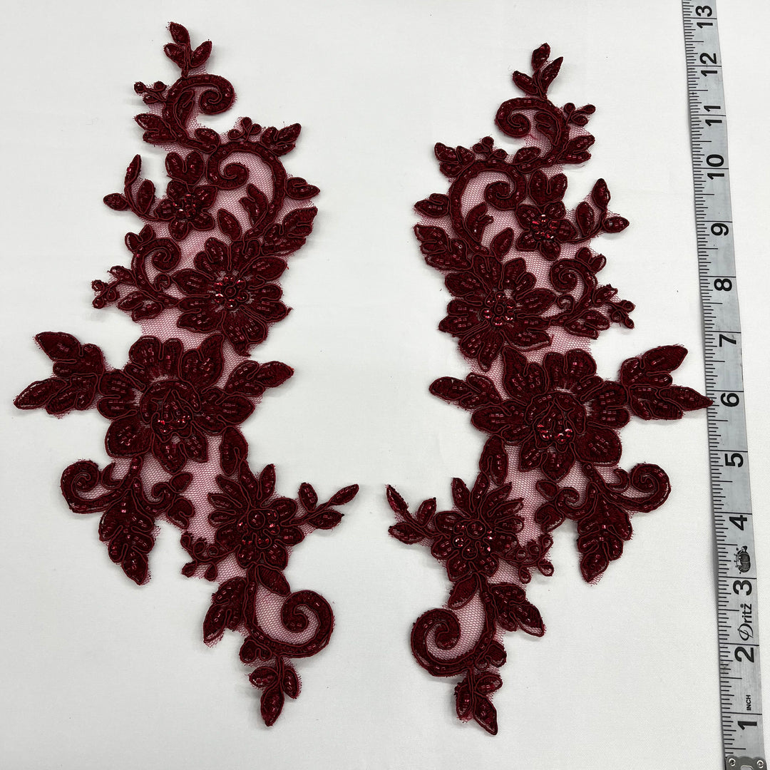 Beaded & Corded Silver Floral Appliqué Lace Embroidered on 100% Polyester Organza or Net Mesh. This can be applied to Theatrical dance ballroom costumes, bridal dresses, bridal headbands endless possibilities. Sold By Pair. Lace Usa