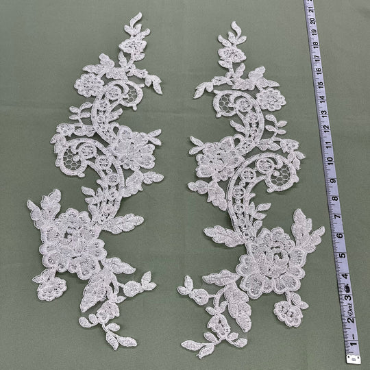 Beaded & Corded Floral Appliqué Lace Embroidered on 100% Polyester Organza or Net Mesh. This can be applied to Theatrical dance ballroom costumes, bridal dresses, bridal headbands endless possibilities. Sold By Pair Lace Usa