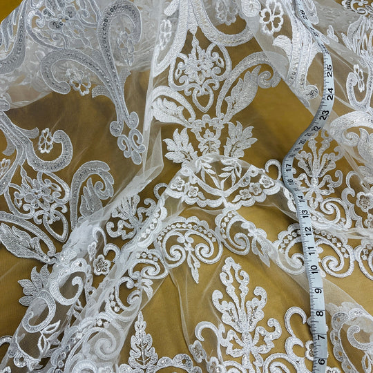 Beaded & Corded Bridal Lace Fabric Embroidered on 100% Polyester Net Mesh | Lace USA - 97068W-SB White