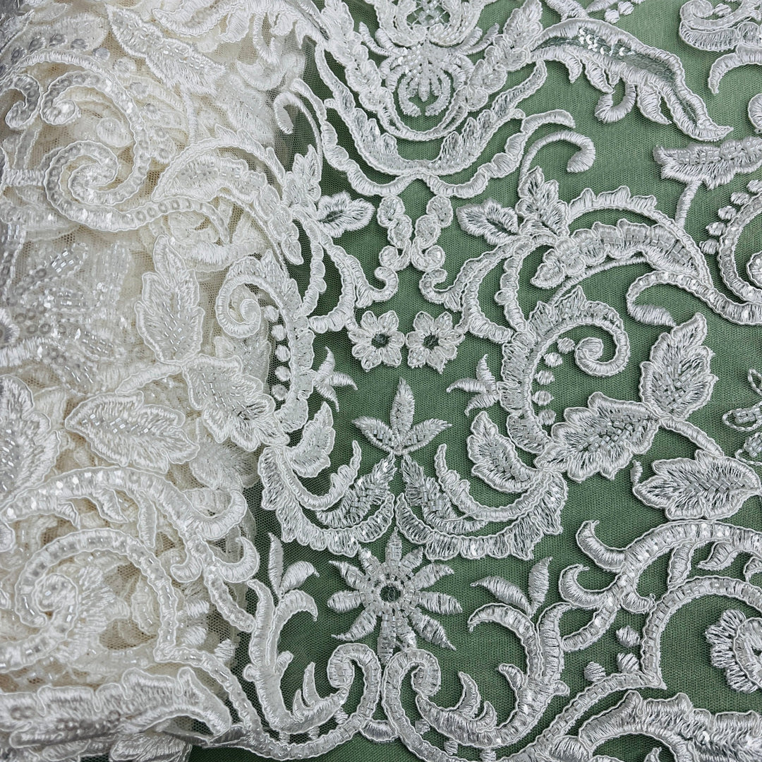 Beaded & Corded Bridal Lace Fabric Embroidered on 100% Polyester Net Mesh | Lace USA - 96997W-HB