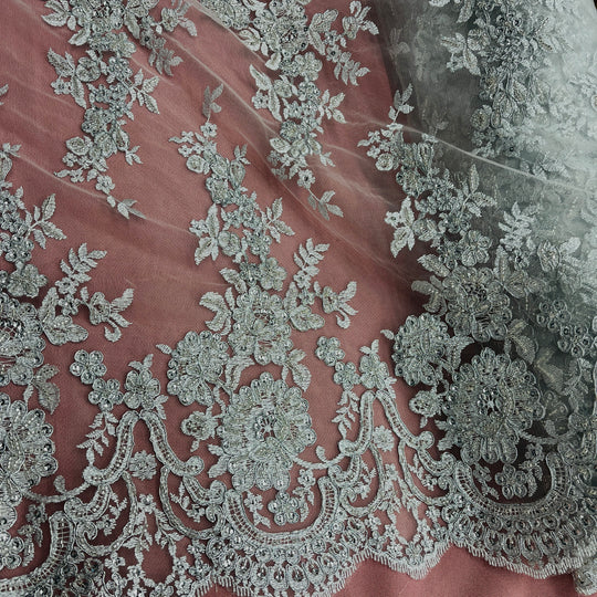 Beaded & Corded Bridal Lace Fabric Embroidered on 100% Polyester Net Mesh | Lace USA