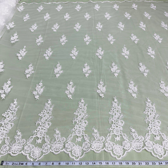 Beaded & Corded Bridal Lace Fabric Embroidered on 100% Polyester Net Mesh | Lace USA - 91443W-BP